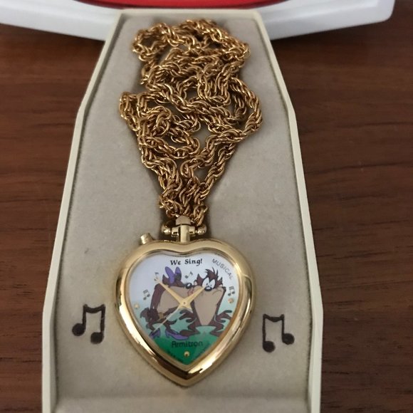 1994 Looney Tunes Armitron Musical Taz & She-Devil Pendant Necklace Watch Gold - Picture 2 of 4